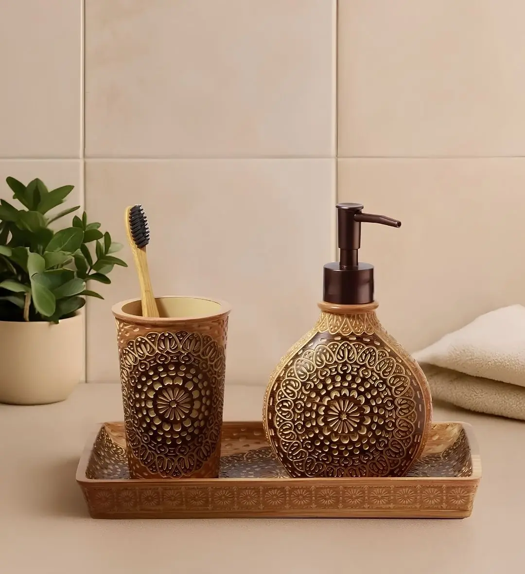 Bath Set 3pcs | Soap Dispenser, Toothbrush Holder & Tray – 4602 (Soap Dispenser: 11 × 6.2 × × 7.8 × × 17.9 cm (230 ml);...